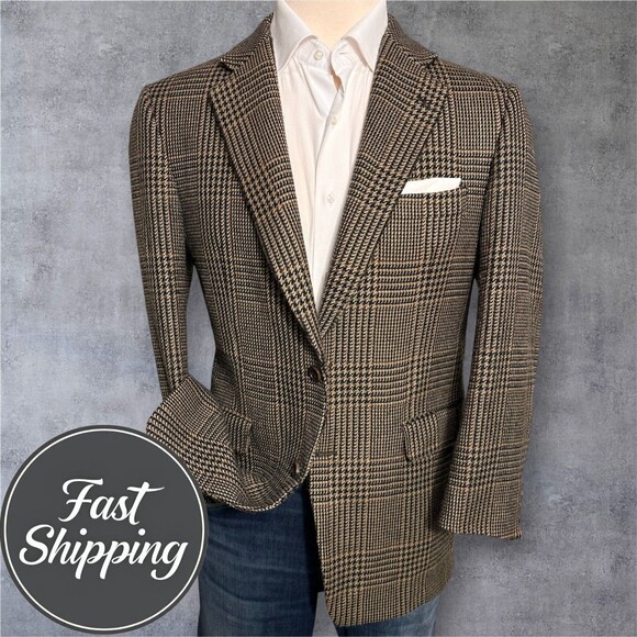 BURBERRY Vintage Mans Blazer Sport Coat Two Button Jacket 41R WOOL Brown Plaid - Picture 1 of 13